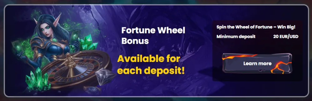 Banner de bonificación de la rueda de la fortuna SlotsGem disponible para cada depósito